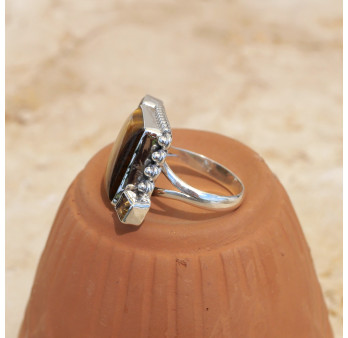 Bague argent grosse pierre rectangulaire Oeil de tigre T59