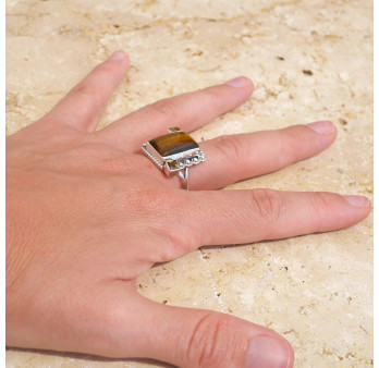 Bague argent grosse pierre rectangulaire Oeil de tigre T59