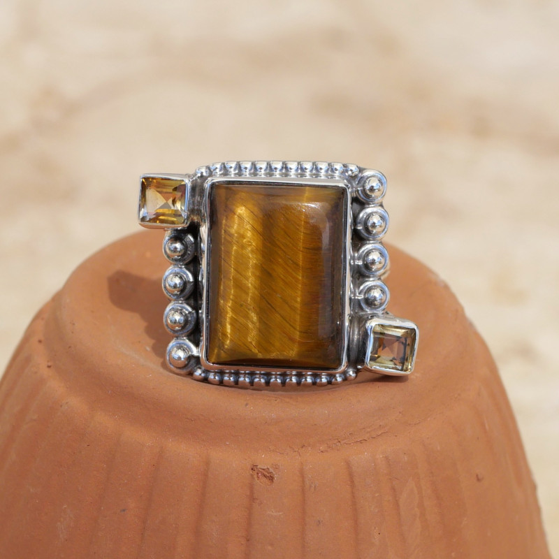 Bague argent grosse pierre rectangulaire Oeil de tigre T59 Bague argent grosse pierre rectangulaire Oeil de tigre T59