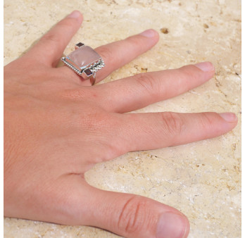Bague argent grosse pierre rectangulaire Quartz rose T54