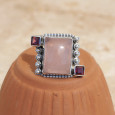 Bague argent grosse pierre rectangulaire Quartz rose T54