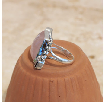 Bague argent grosse pierre rectangulaire Quartz rose T54
