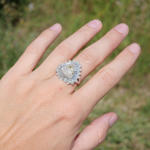 Bague soleil pierre triangulaire en Quartz tourmaline verte et argent T58