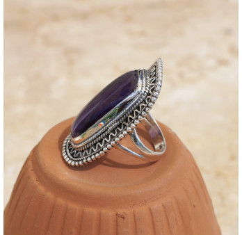 Grande bague rectangulaire pierre Améthyste argent ciselé T52