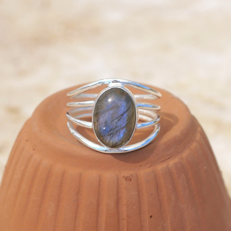 Bague 4 anneaux argent et cabochon ovale Labradorite T53/60