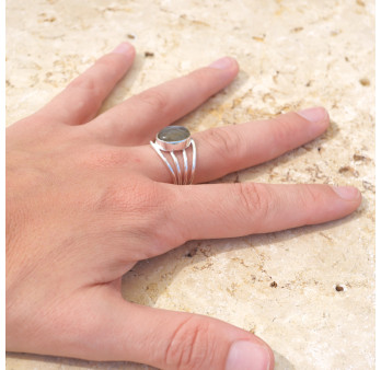 Bague 4 anneaux argent et cabochon ovale Labradorite T53/60