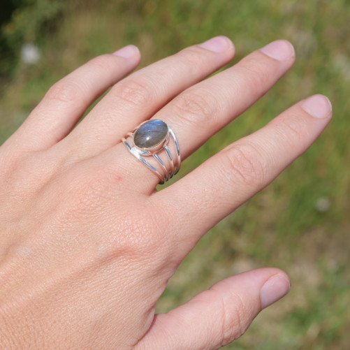 Bague 4 anneaux argent et cabochon ovale Labradorite T53/60