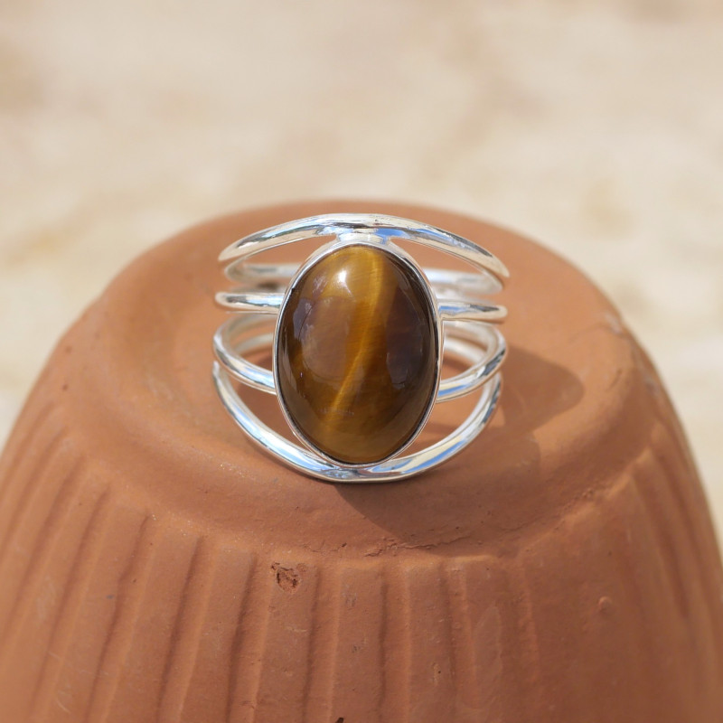 Bague 4 anneaux argent et cabochon ovale Oeil de tigre T53