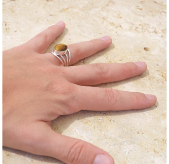 Bague 4 anneaux argent et cabochon ovale Oeil de tigre T53