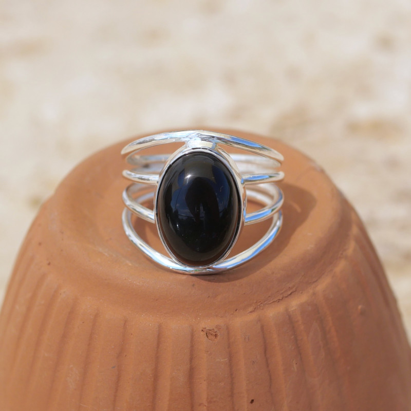 Bague 4 anneaux argent et cabochon ovale Onyx noir T56