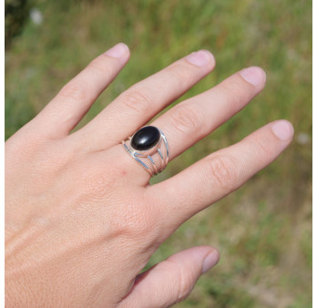 Bague 4 anneaux argent et cabochon ovale Onyx noir T56