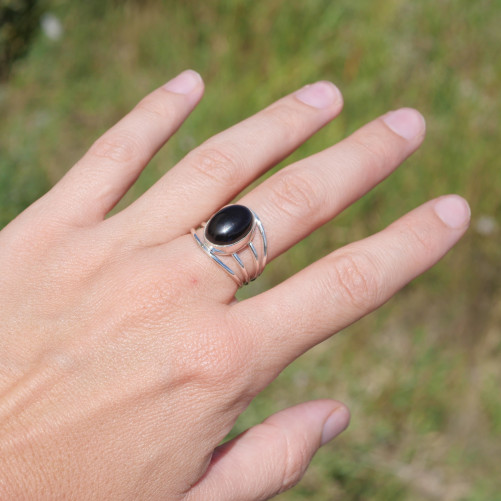 Bague 4 anneaux argent et cabochon ovale Onyx noir T56