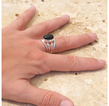 Bague 4 anneaux argent et cabochon ovale Onyx noir T56