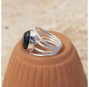 Bague 4 anneaux argent et cabochon ovale Onyx noir T56