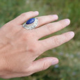 Chevalière mixte pierre marquise Lapis lazuli et argent ciselé T53