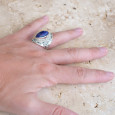 Chevalière mixte pierre marquise Lapis lazuli et argent ciselé T53