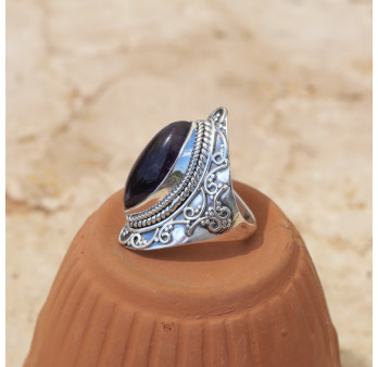 Chevalière mixte pierre marquise Améthyste et argent ciselé T55