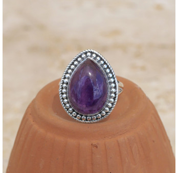 Bague goutte argent ciselé et pierre Améthyste T60