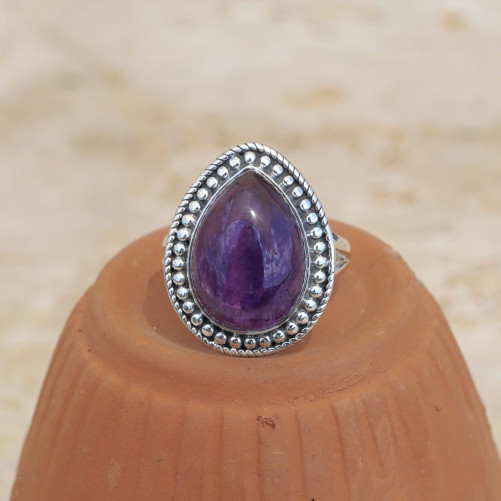 Bague goutte argent ciselé et pierre Améthyste T60