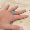 Longue bague argent ciselé et pierre oblongue Howlite bleue T58