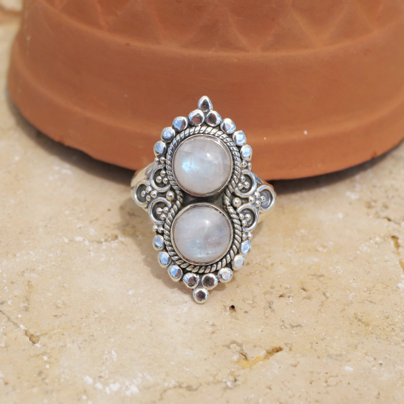 Bague 2 pierres rondes Pierre de lune argent ciselé T63
