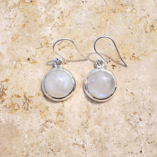 Boucles d'oreilles rondes Pierre de lune et argent