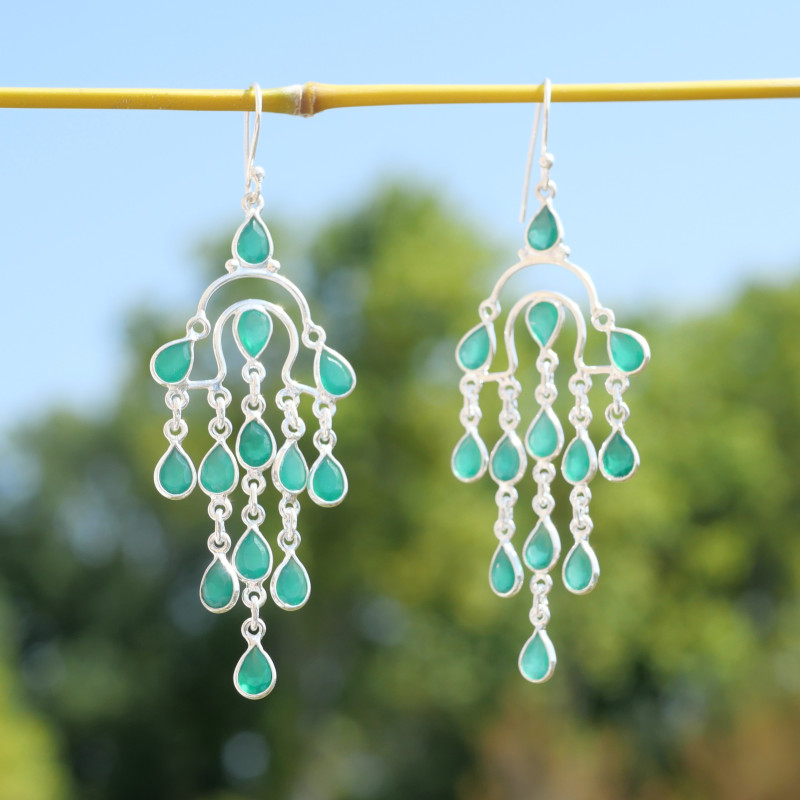 Boucles longues pampilles argent et 13 petites pierres Agate verte