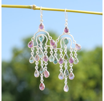 Boucles longues pampilles argent et 13 petites pierres Tourmaline