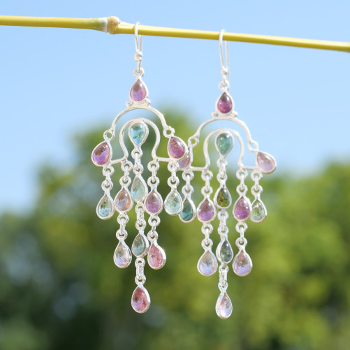Boucles longues pampilles argent et 13 petites pierres Tourmaline