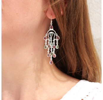 Boucles longues pampilles argent et 13 petites pierres Tourmaline