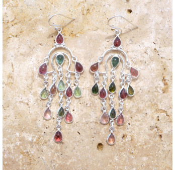 Boucles longues pampilles argent et 13 petites pierres Tourmaline