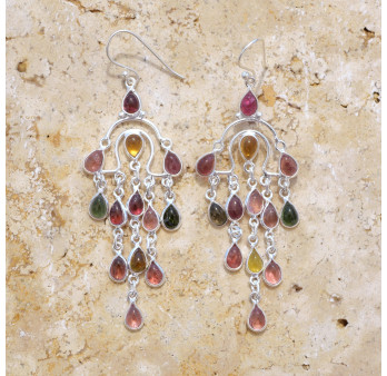 Boucles longues pampilles argent et 13 petites pierres Tourmaline