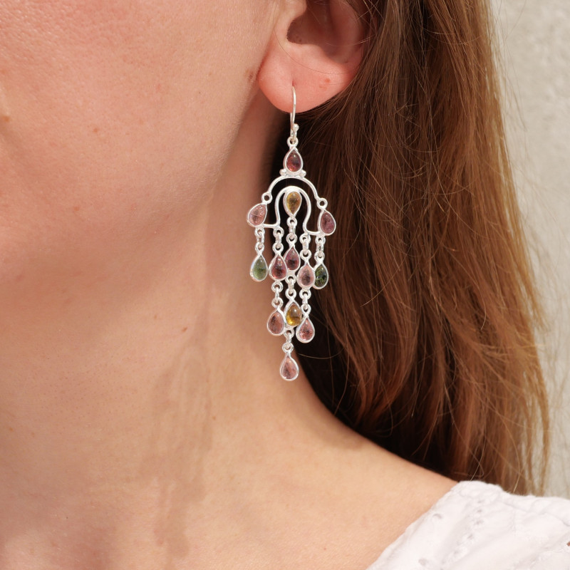 Boucles longues pampilles argent et 13 petites pierres Tourmaline