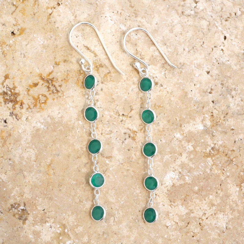 Longues boucles d'oreilles en argent et 5 pierres Agate verte