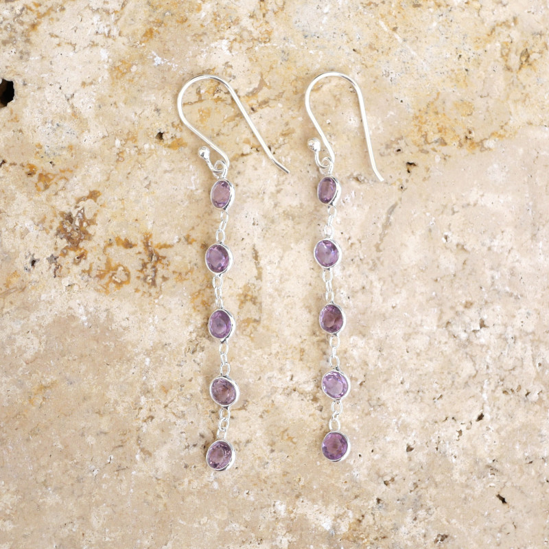 Longues boucles d'oreilles en argent et 5 pierres naturelles Améthyste