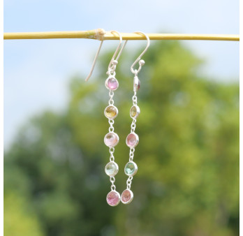 Longues boucles d'oreilles en argent et 5 pierres Tourmaline