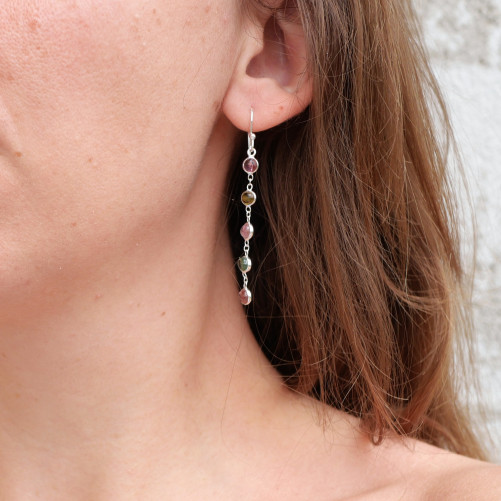 Longues boucles d'oreilles en argent et 5 pierres Tourmaline