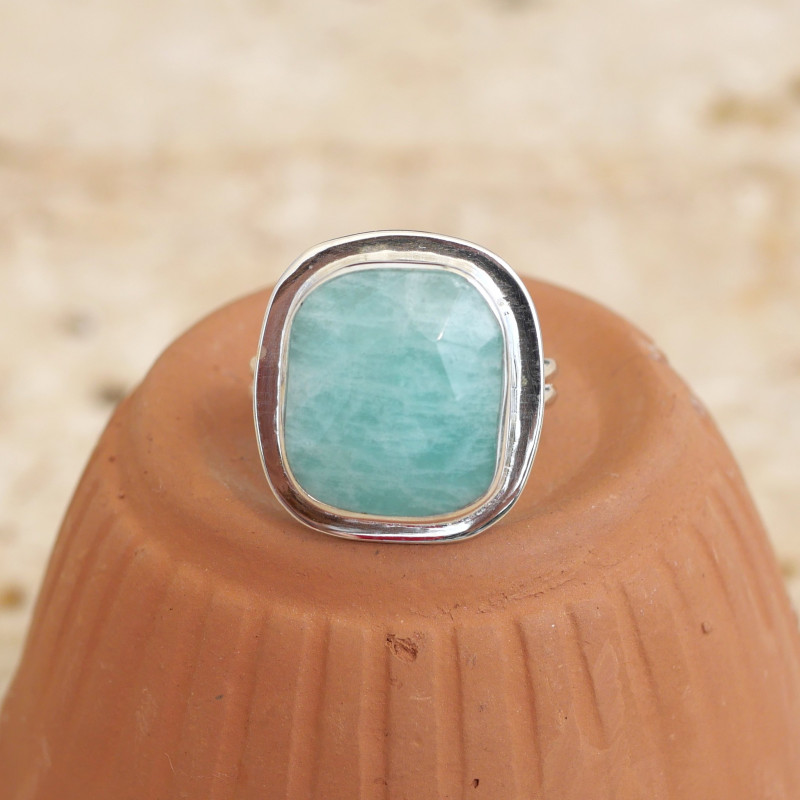 Bague pierre carrée Amazonite facettée monture double argent T55