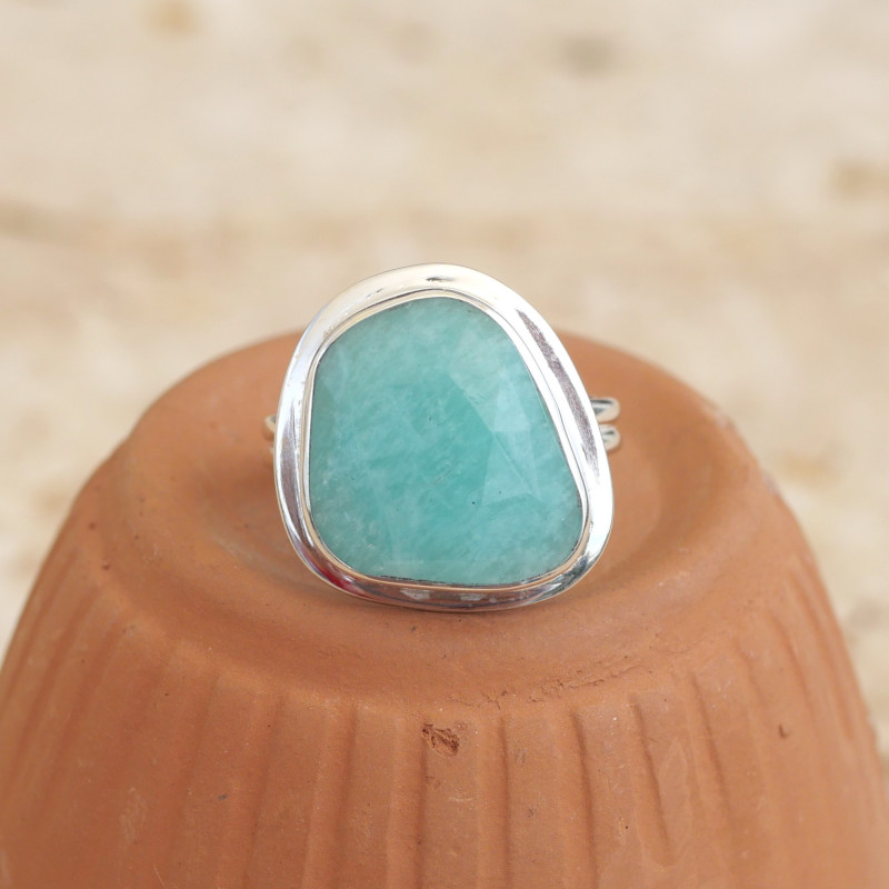Bague En Fil De Cuivre Sertie D'amazonite Naturelle - Taille 9 - Artisanale Et Faite Main - Neuf