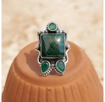 Bague ancienne argent travaillé Malachite et Agate verte