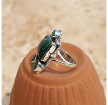Bague argent ciselé et 3 pierres Malachite et Agate verte T54