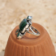 Bague argent ciselé et 3 pierres Malachite et Agate verte T54