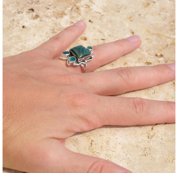 Bague ancienne argent travaillé Malachite et Agate verte