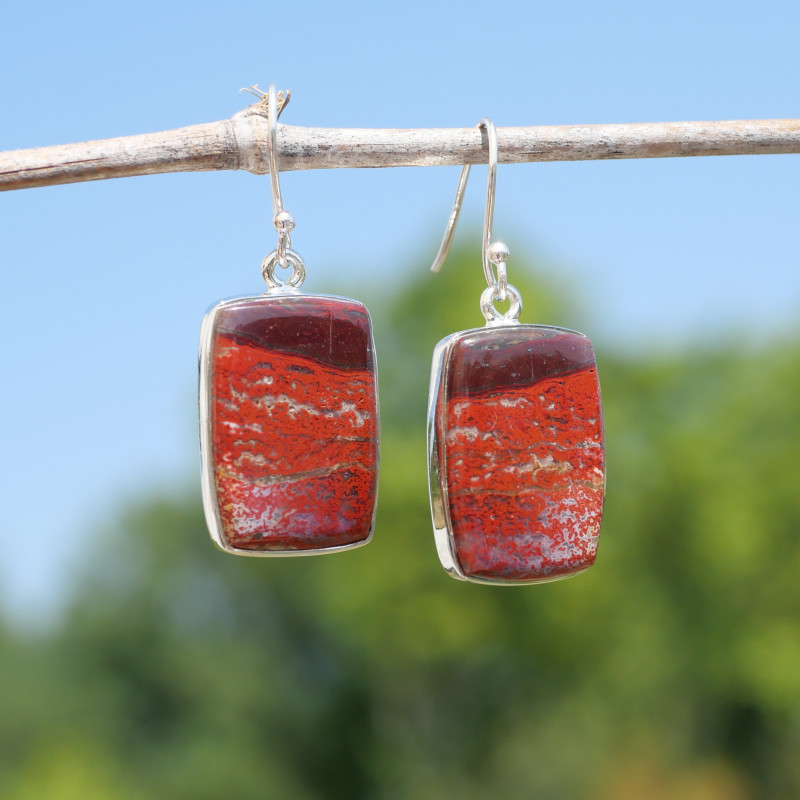 Boucles d'oreilles rectangulaires pierre Jaspe rouge