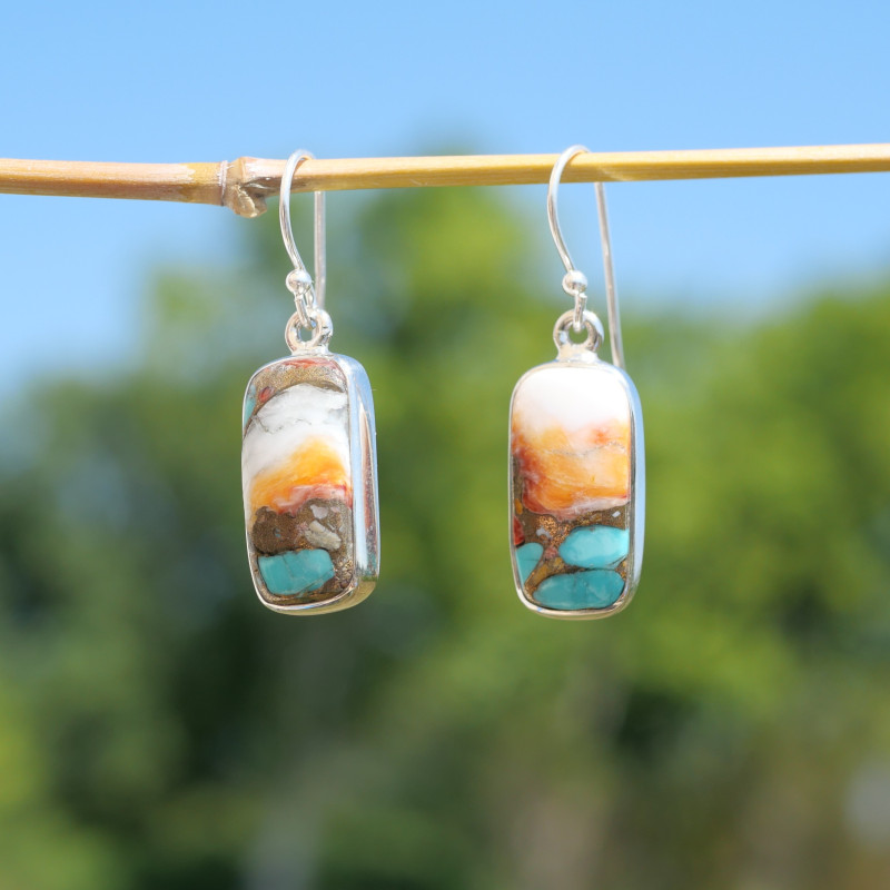 Boucles d'oreilles rectangulaires Turquoise Oyster et argent