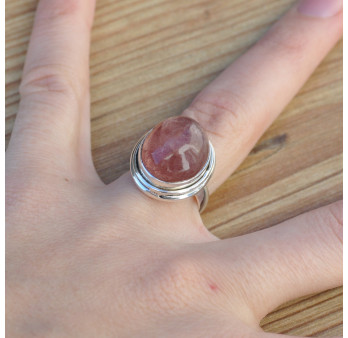 Bague ovale Quartz strawberry fraise bombée et argent 925 femme
