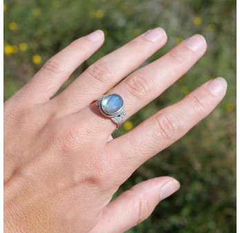 Bague pierre ovale en Labradorite et argent ciselé feuilles T57/60