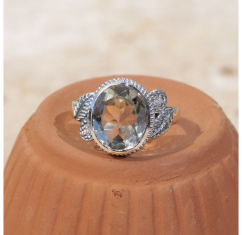 Bague pierre ovale en Prasiolite et argent ciselé feuilles T60
