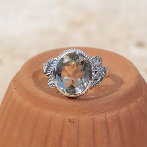 Bague pierre ovale en Prasiolite et argent ciselé feuilles T60