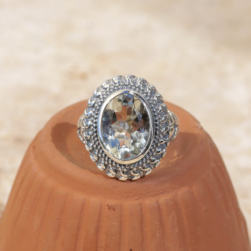 Bague ciselée argent et pierre Prasiolite T57